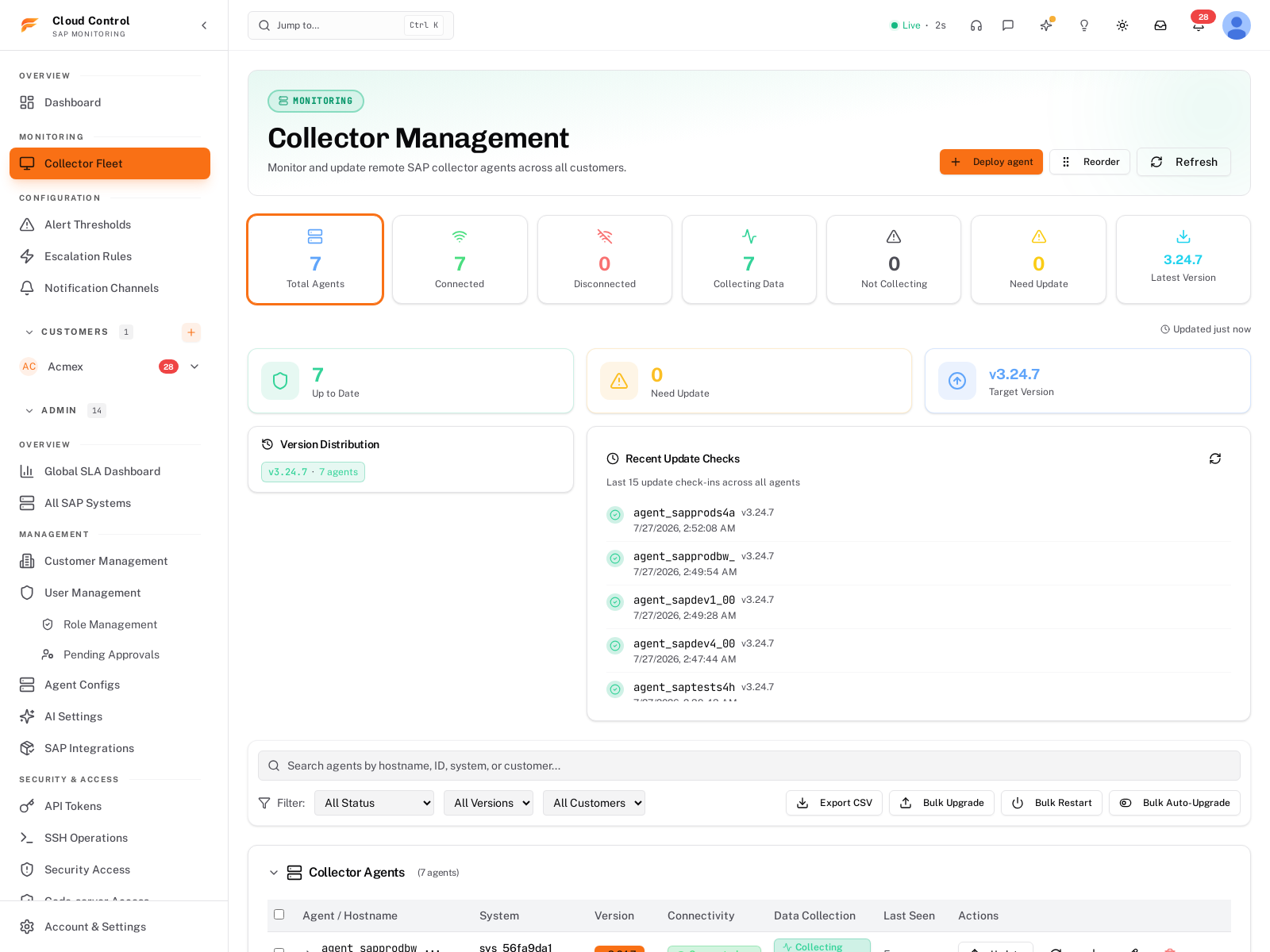 Farrenio Collector Management — live agent fleet, version distribution and update queue